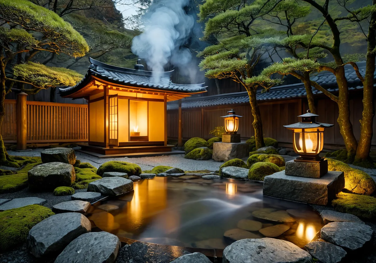露天風呂 — 石灯籠と紅葉宿の翳